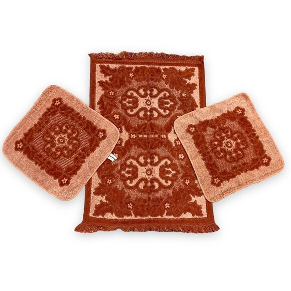 Vtg Tastemaker Orange Peach Sculpted Reversible Floral Hand Towel Washcloths - Picture 1 of 10